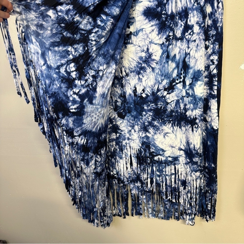 Fringed Tie-Dye Maxi Faux Wrap Skirt Boho Blue White Festival Coachella Large - Picture 9 of 11